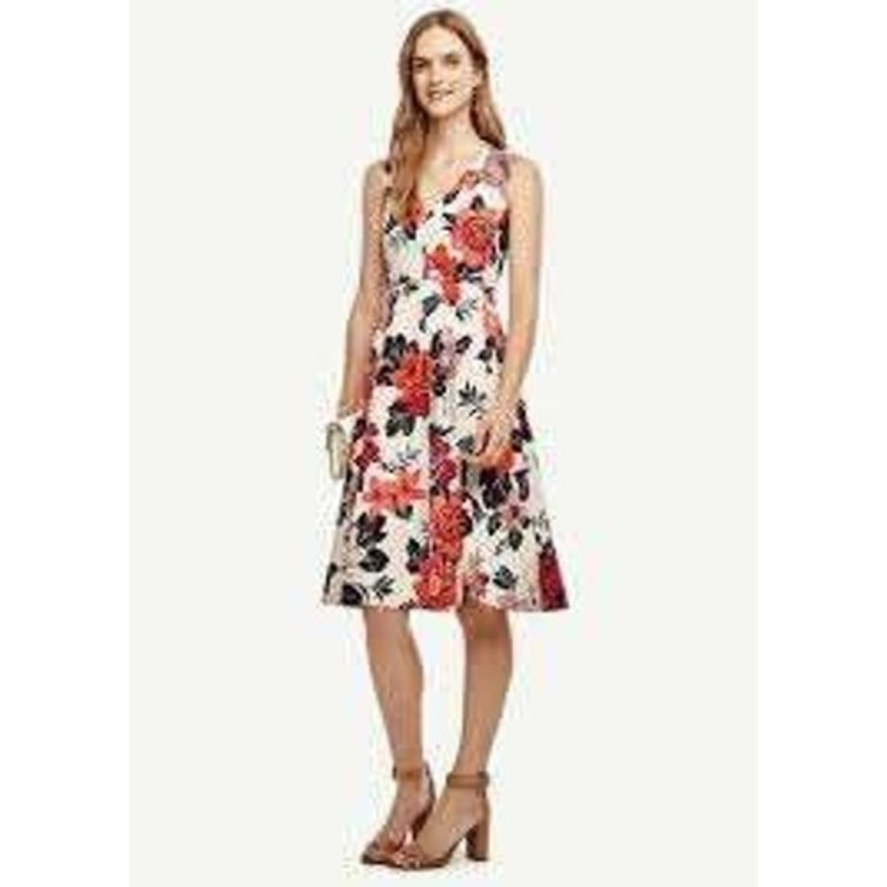 Ann Taylor Floral Pleated Midi Dress Work Summer Fit‎ & Flare Sleeveless Size 12